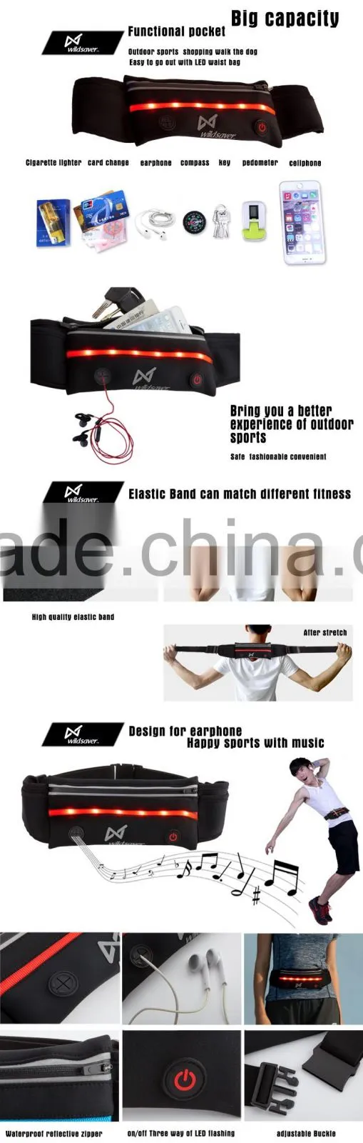 Travel sport running cycling waist bag with led /waist pouch