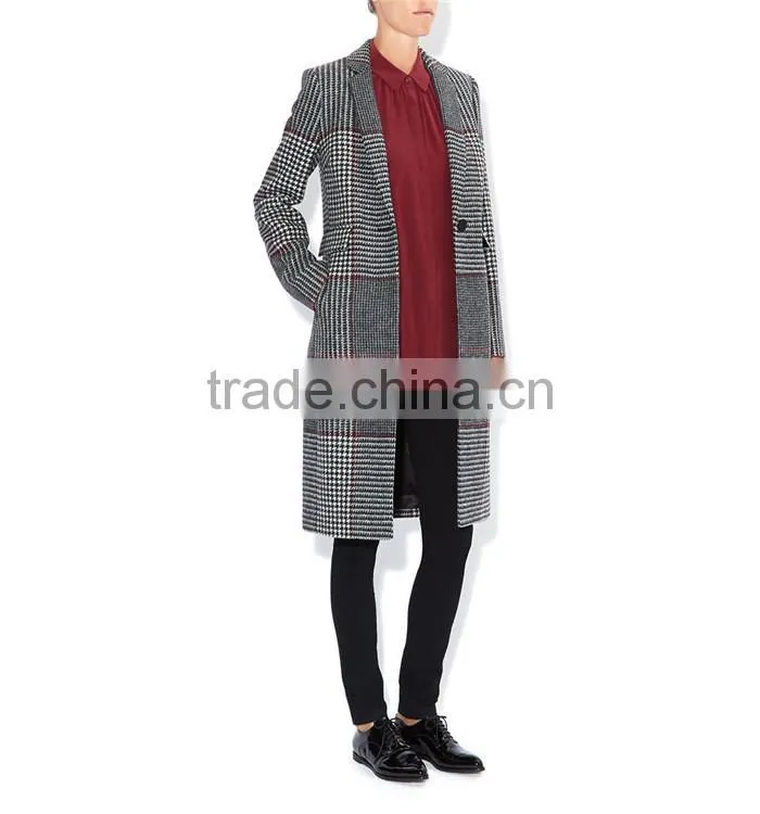 houndstooth pattern designed ladies winter long coat