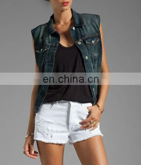 Ladies Sleeveless Snap denim waistcoat,ladies formal vests ( CV1003)
