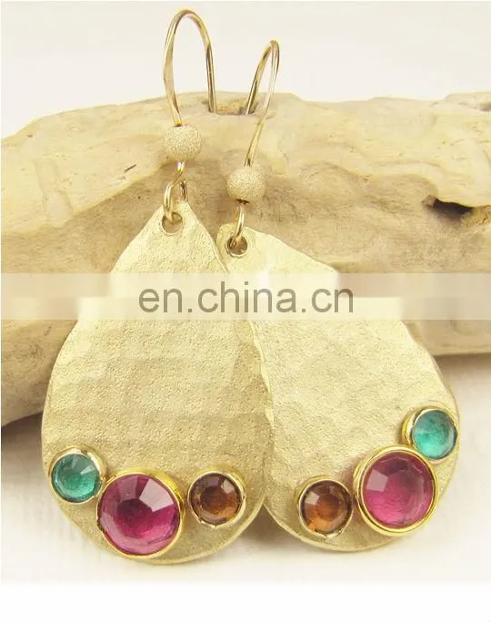 Hammered Brass Earrings with Crystal Beads,High Fashion Jewellery