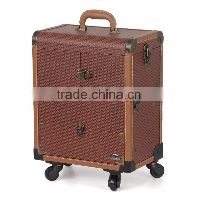 Hot selling professional cosmetic rolling PVC trolley case 360 degree makeup case with wheels