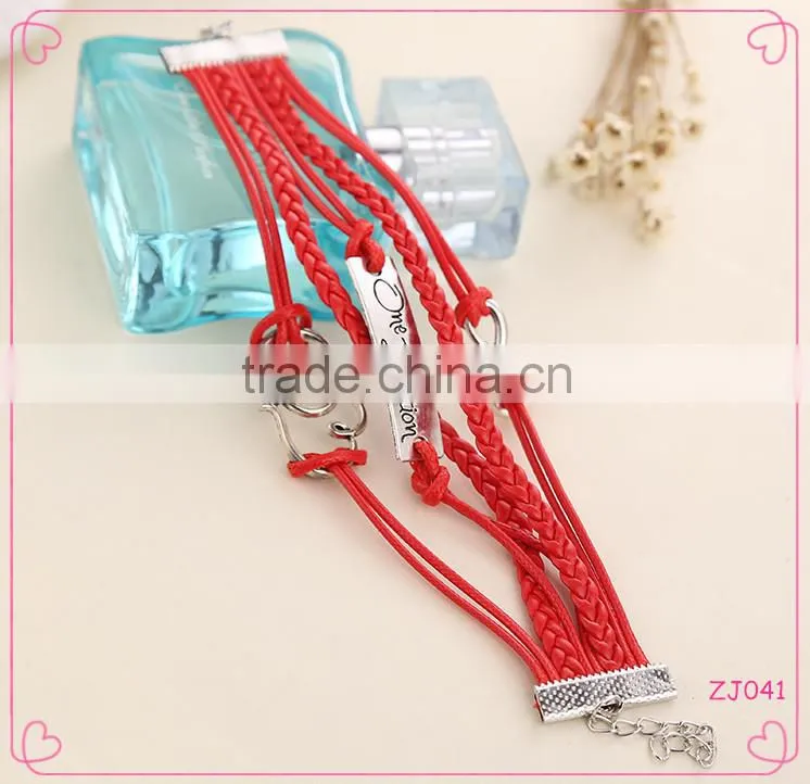 2015 latest fashion heart charms red braid leather wrap bracelet for women