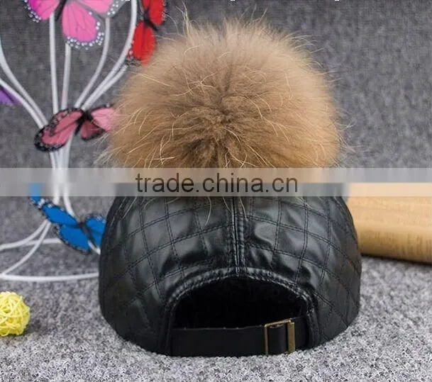 Fashion genuine raccoon fur pompom hat New PU leather baseball snapback cap Unisex woman man hat with real raccoon fur balls