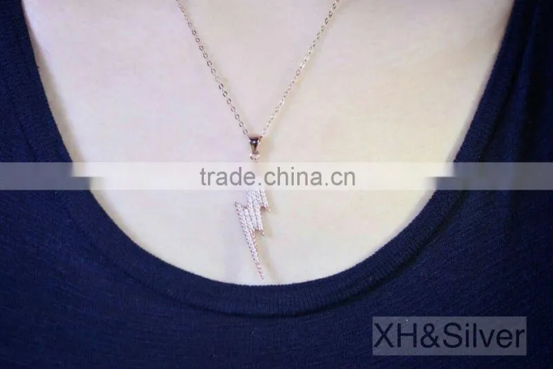 Rose plated 16inch 925 silver jewelry CZ lightning pendant necklace