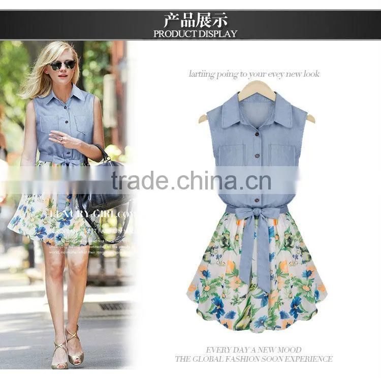 2015 New arrival European Style Women Dress Summer New Design Denim Printing floral Chiffon Dress