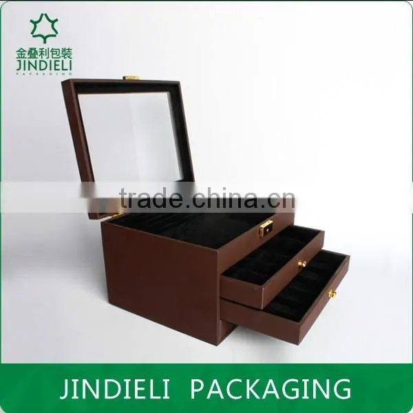 brown elegant leather wooden jewelry box packaging with drawer