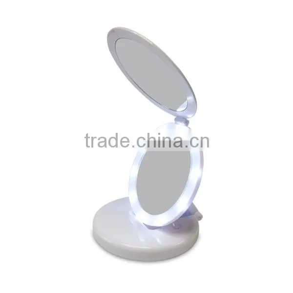 Plastic two way 5x magnifying compact travelling mirror with led light