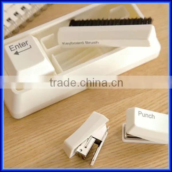 Money saving 3 in 1 multifuntional keyboard office stationery, useful brush stapler paper punch office stationery