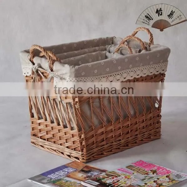 wholesale oval dark brown wicker storage basket for home decoration with fabric liner and side handles factory supply