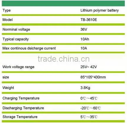 TB-3610E 36 volt lithium battery 10Ah+PCM with aluminium case