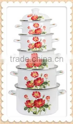 Best quality durable Red Flower Decal Double Handle Enamel Pot Set Cast Iron Casserole Kitchenware Sets Stew Pan Soup Sauce Pots
