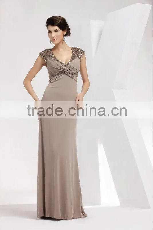 sleeveless v-neck beaded ruffle coffee cotton full length elegant dress