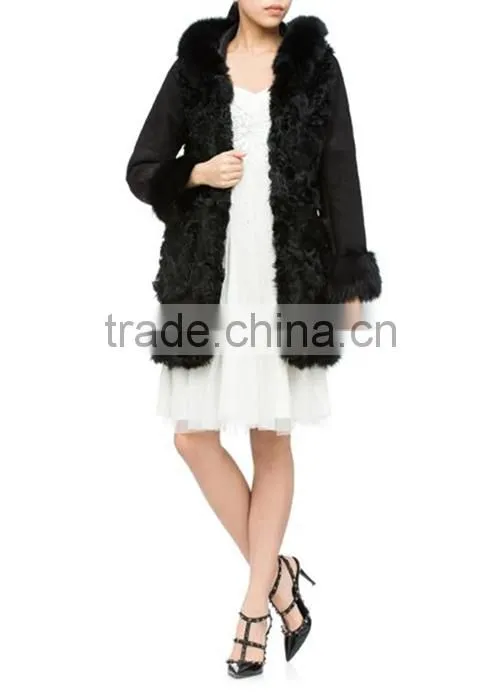 Popular women sheepskin winter hooded coat with fox fur