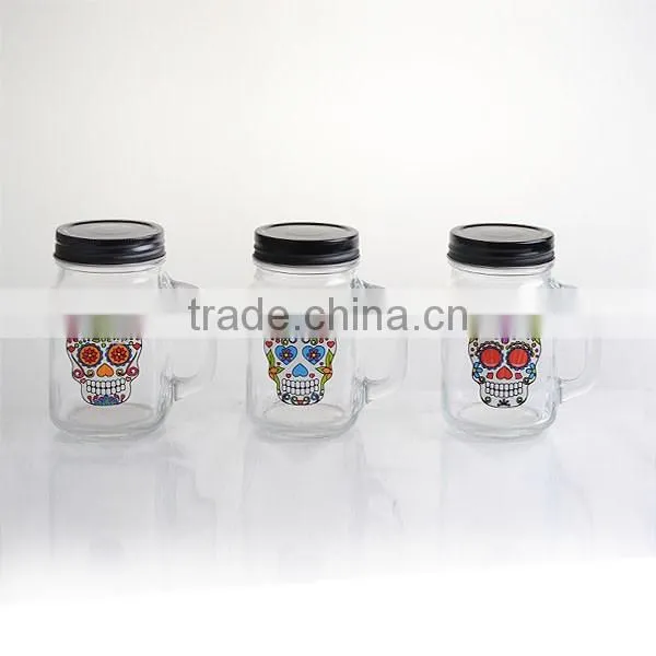 15.5oz Halloween skull color paper with lid straw with handle