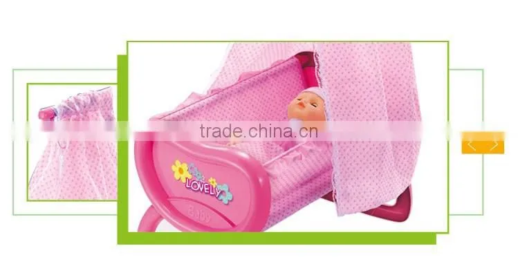 Hot sale kids play at home plastic pink baby doll bed toy