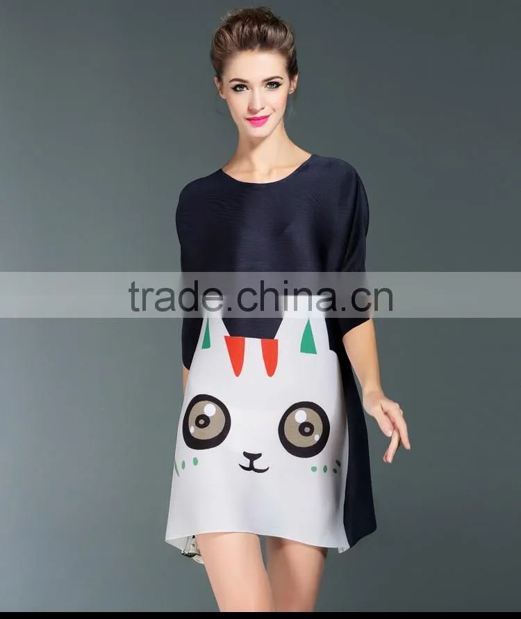Lovely cat print women loose custom design casual dress