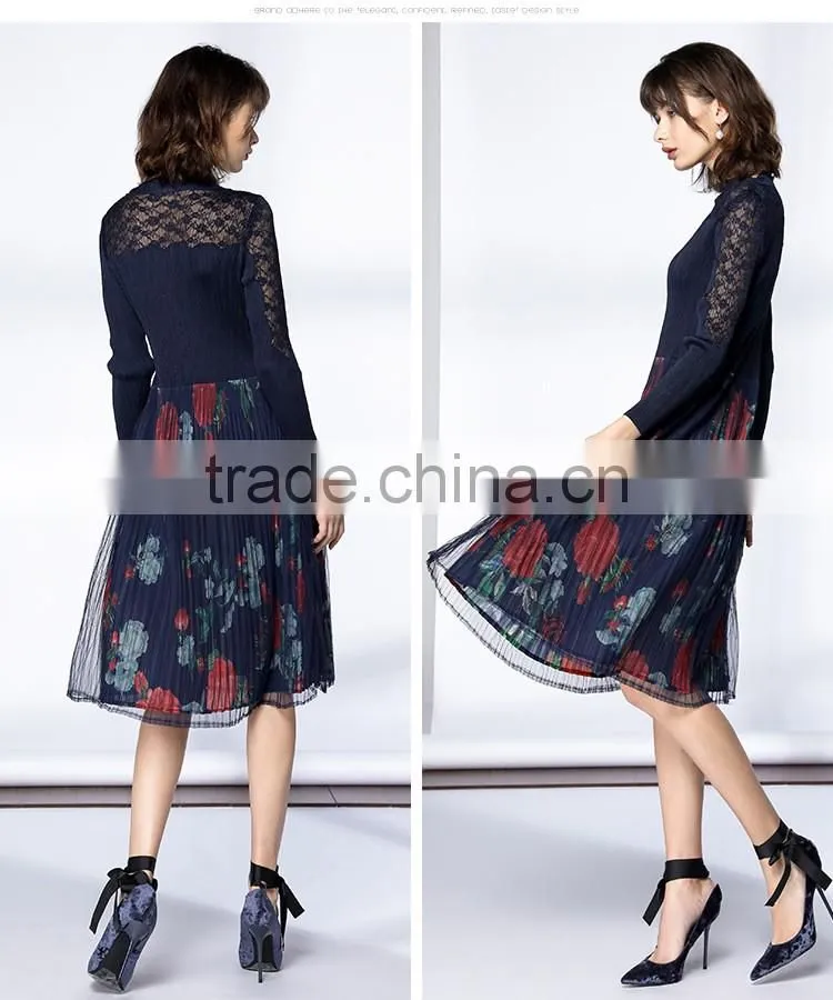 Pleat large sized spring lace splicing printed dress for women