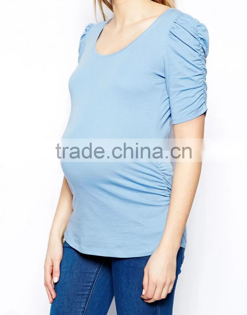 Sky blue plain maternity blouse clothes cheap with ruffle sleeve
