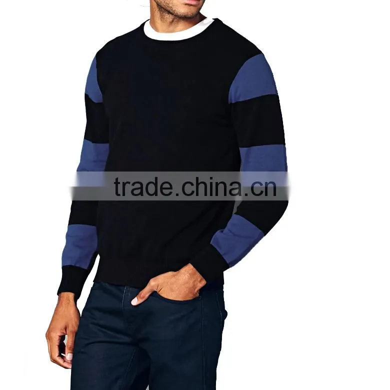 Navy stripes long sleeve fine knit crew neck cotton sweater pullover male