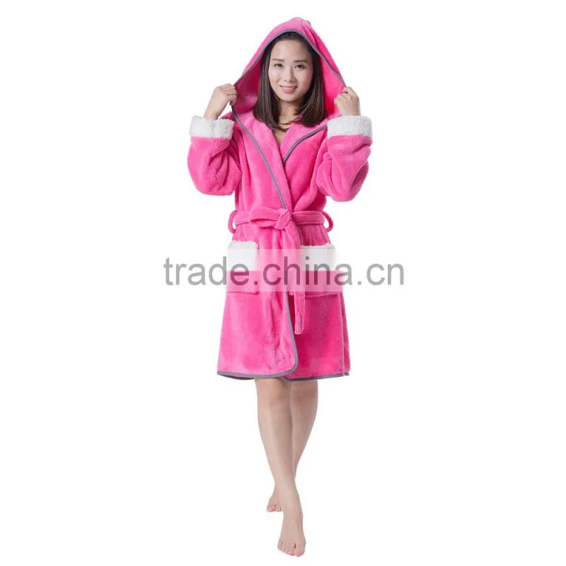 Women hot pink hooded adult bathrobe brand bathrobe fabric