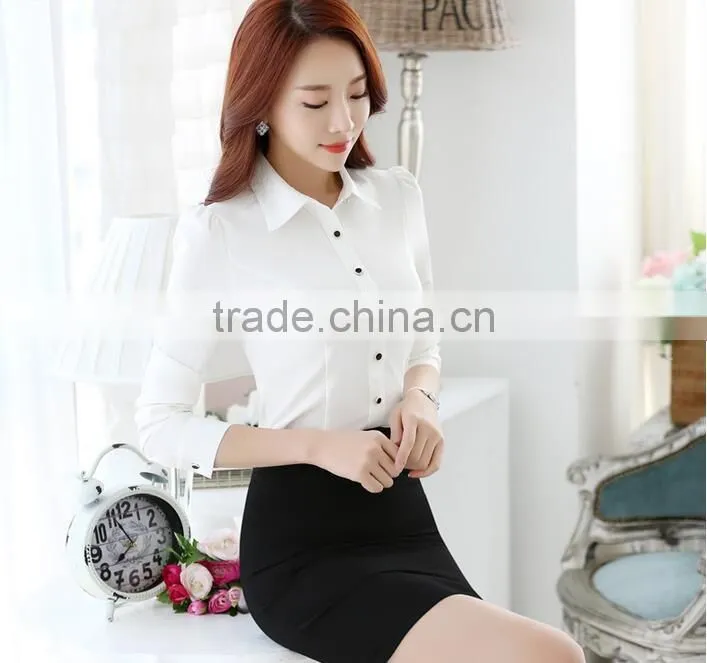 2016 new style women fashion long sleeve blue shirt ladies Office Formal white shirt