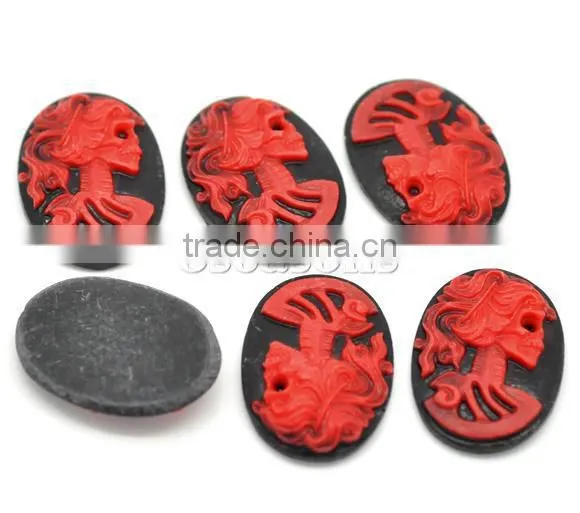 Red Resin Halloween Skull Pattern Oval Cameo 25x18mm(1"x3/4"), sold per packet of 50