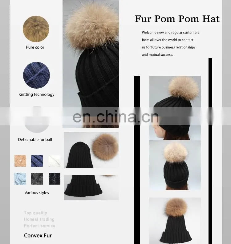 Wholesale mens knitted plain beanie hat with fur pom pom