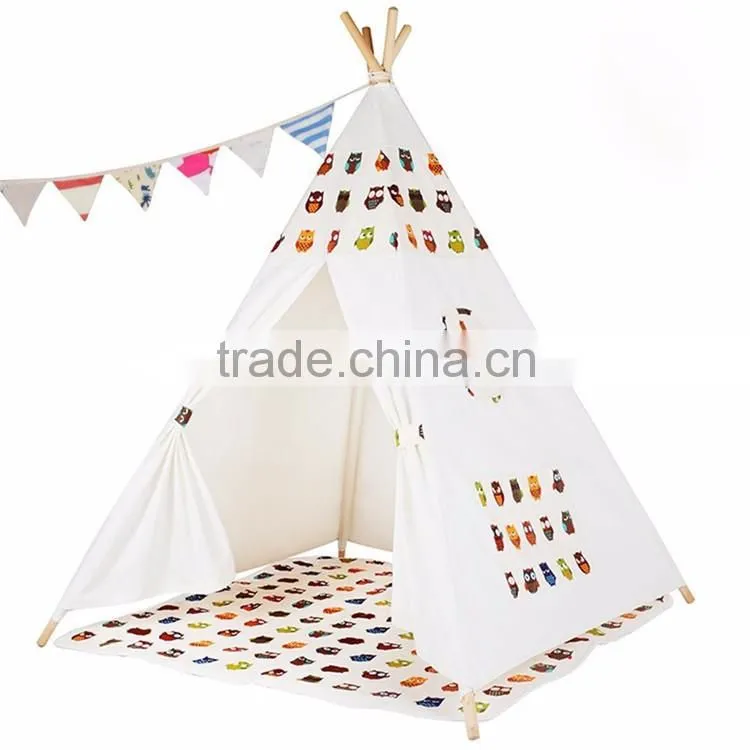 Playhouse-Printed Owl-Preassemble Teepee Canopy Canvas Tent For Kids Cotton One Person Canvas Tent