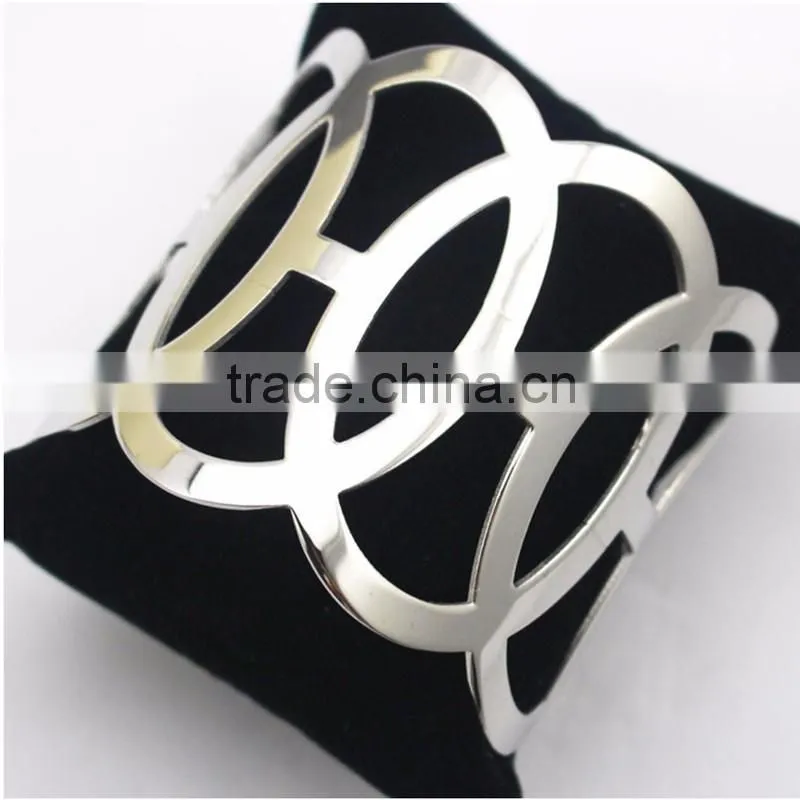 Stainless Steel Wide Plain Silver Flower Cuff Bangle Jewelry