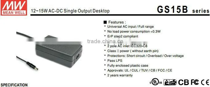 Mean Well 48v 0.31a power supplies/ 12~15W AC-DC Single Output Desktop/48v switching power supply