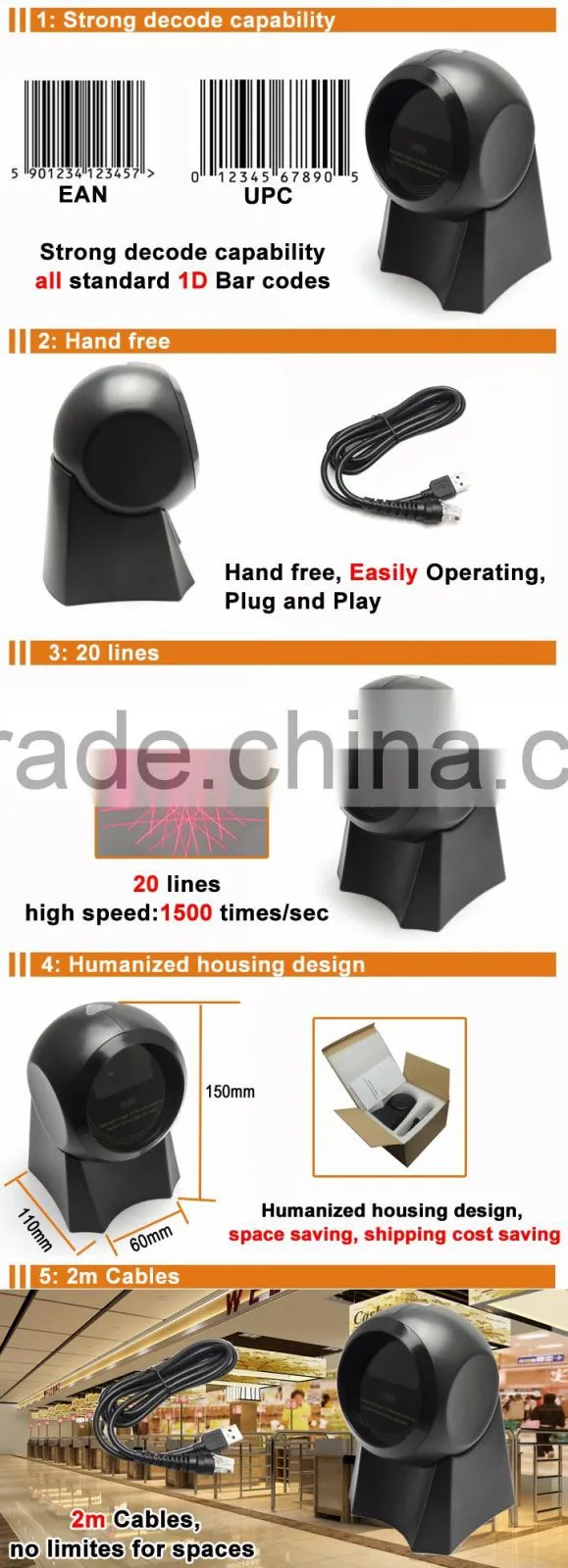 New product Cheap Supermarket Omni scanner Laser Barcode Reader IOBC003