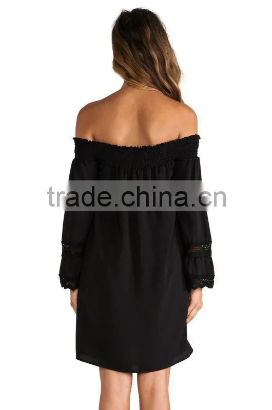 Off-shoulder Short Puffy Dress With Long Bell Sleeves With Crochet Trim