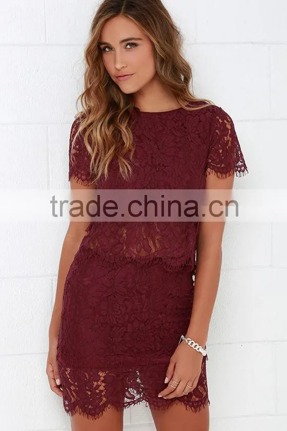 2016 women casual burgundy lace dress two piece set dresses