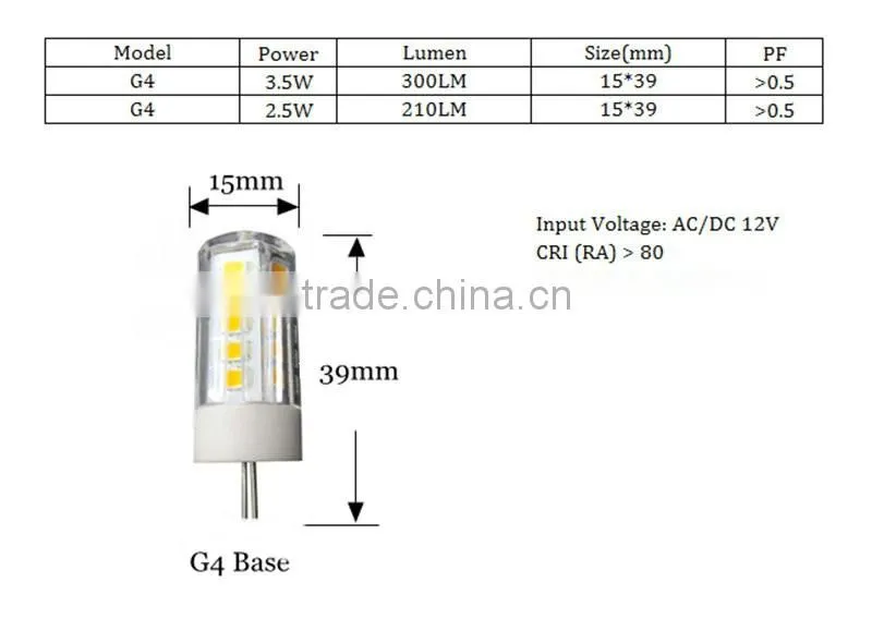 G4 2.5W 3W 3.5W 210lm 300LM 330 degree 12v led light bulb with ce rohs lampada led 25W 30W incandescent replacement bulbs