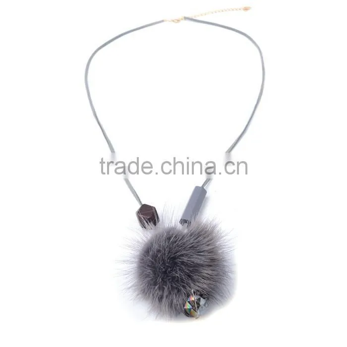 winter mink fur ball pendant necklace geometric bead suede leather necklace velvet leather necklace