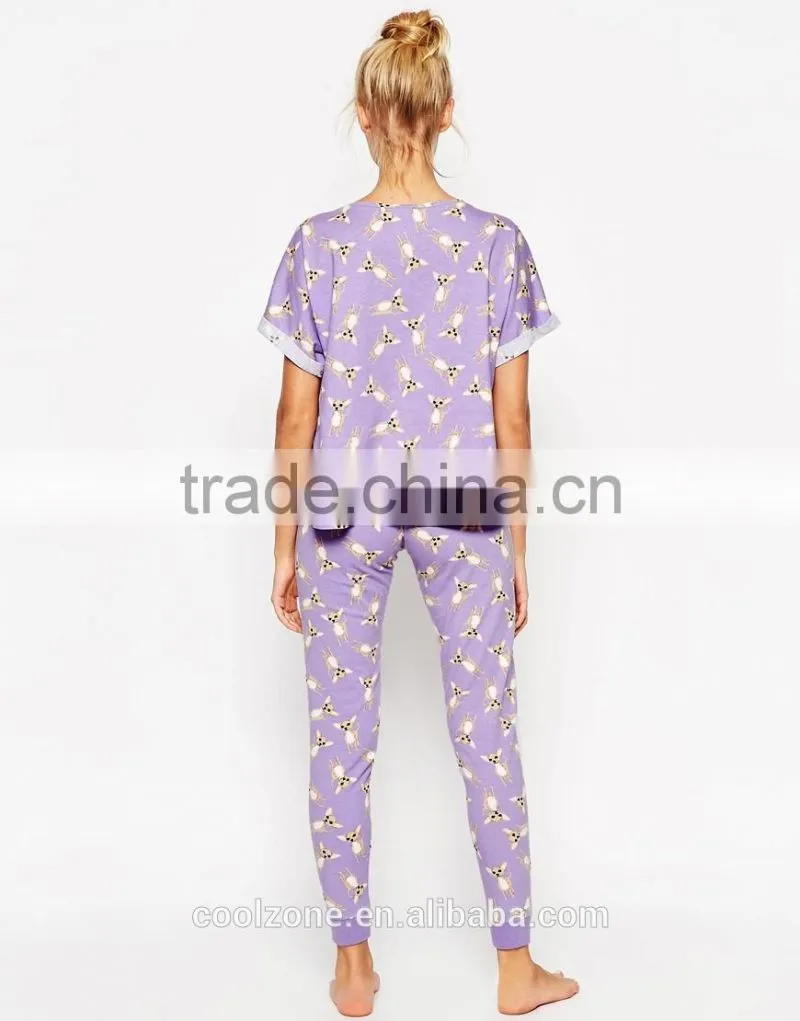 100% Cotton soft touch jersey pajama set women print pajama