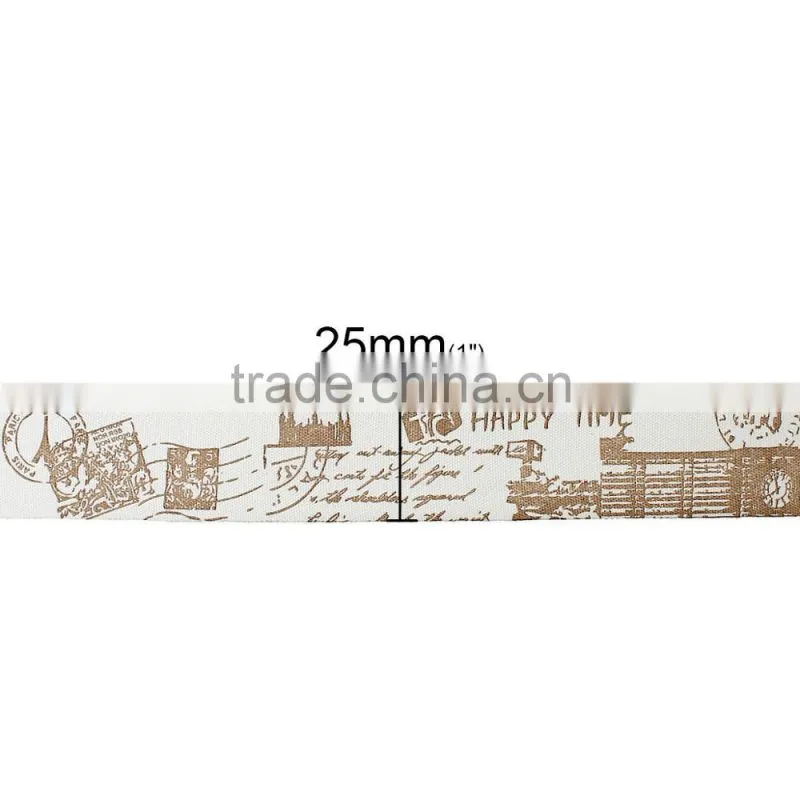 Handmade DIY Craft Off-white & Light Brown Stamps Big Ben Pattern Cotton Fabric Sewing Ribbon Labels