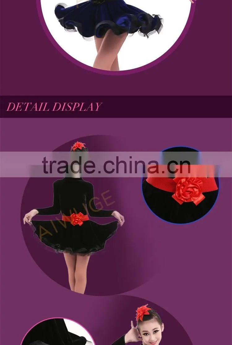 Girls Velvet Turtleneck Long Sleeve Dance Latin Dresses Children Ballroom Dance Competition Dresses