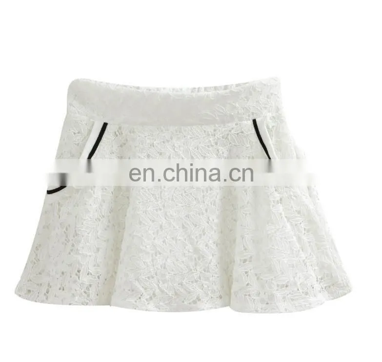 Lady fashion high elasthan waisbank white lace pleated mini skirt