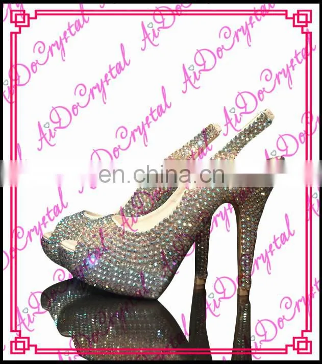 Aidocrystal white mixed sparkling golden crystal slingback closed toe high heel shoes for banquet party