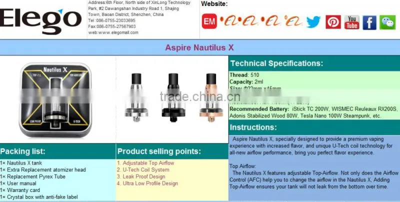 In Stock! Shipping within 24 hours Leak Proof Aspire Nautilus X with U-Tech Coil,Elego Wholesale Nautilus X