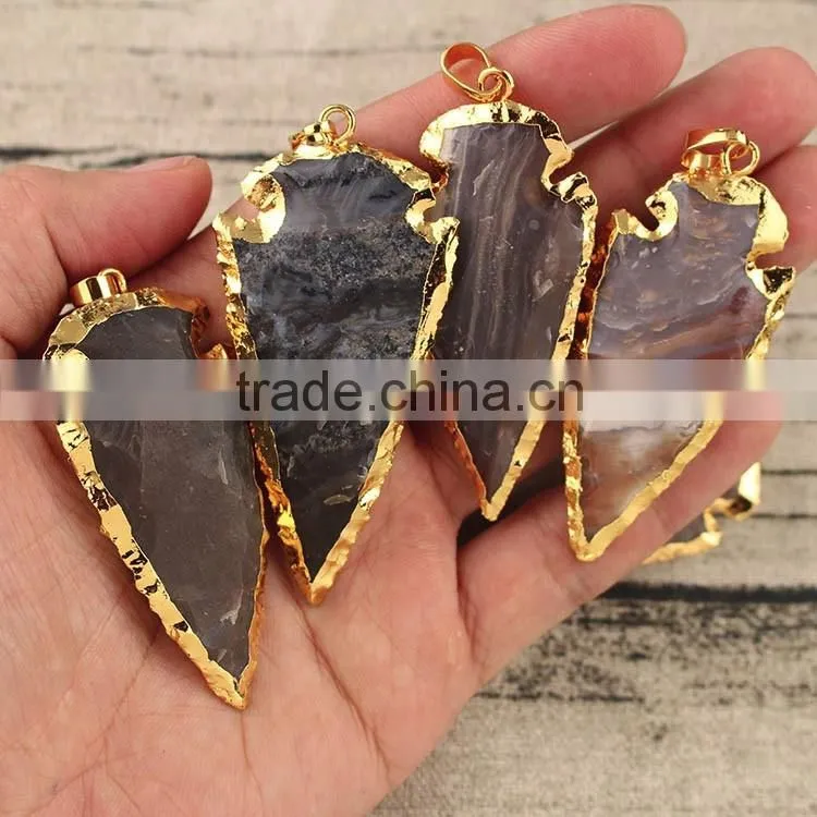 JF6939 Hotsale Big Natrual agate arrow head gold plated gemstone arrowhead pendant