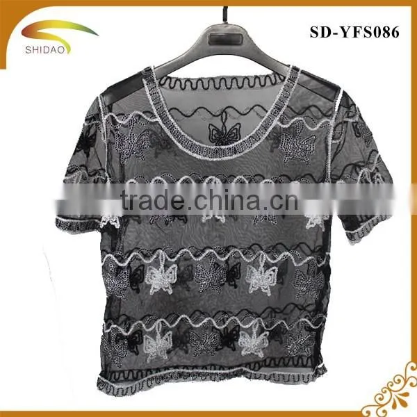 Fashion high quality semi sexy short sleeve embroidery floral Lace crochet blouse