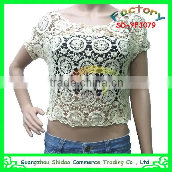 Fashional lady machine made short sleeves embroidery cotton water soluble lace blouse