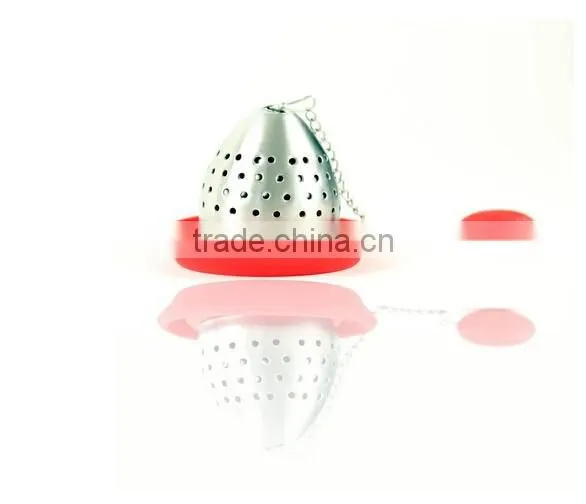 TD-072-Cute Loose Leaf Stainless Steel Tea Infuser with Silicone Drip Tray- Burgundy Red Color