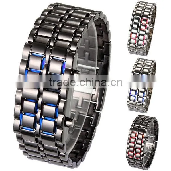 Men Women Lava Iron Samurai Metal LED Digital Faceless Wrist Watch Bracelet