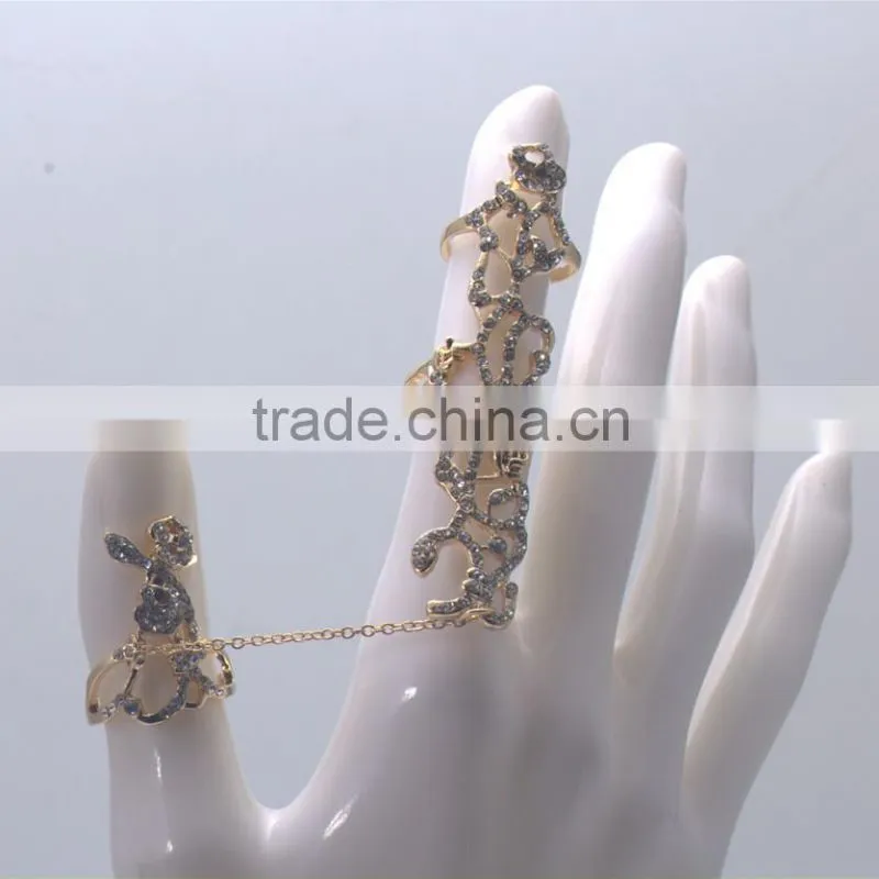 Cheapest hot sale two finger rings rhinestone stainless steel silver rings