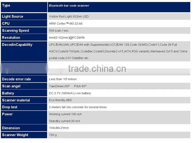 1D CCD Mini Portable Wireless Bluetooth Barcode Scanner for iOS, Android and windows-base mobile and tablet devices
