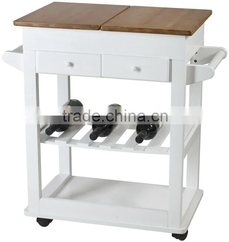 Modern Wooden Bamboo Kitchen Serving Trolley with Table Boards Drawers Wine Bottle Holder Rack Shelf and Pushing Handles Casters