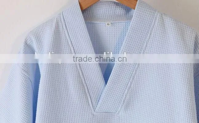 100% Cotton Waffle Robe Blue Waffle Bathrobe Thin Robe For Summer and Spring Hotel Bathrobe